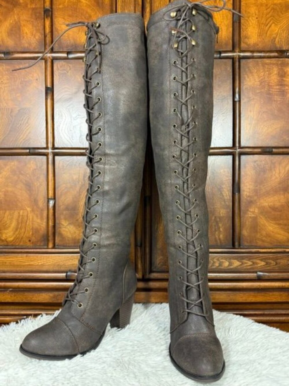 Forever Camilla Brown Faux Leather Lace Up Over the Knee Boot
